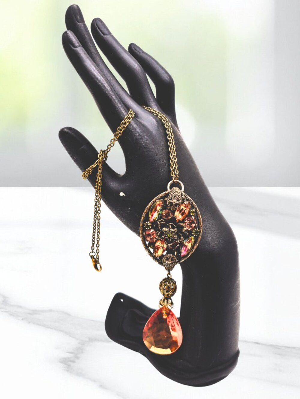 Vintage Style Amber Rhinestone Filigree Pendant Necklace Victorian Art Nouveau - Picture 2 of 8